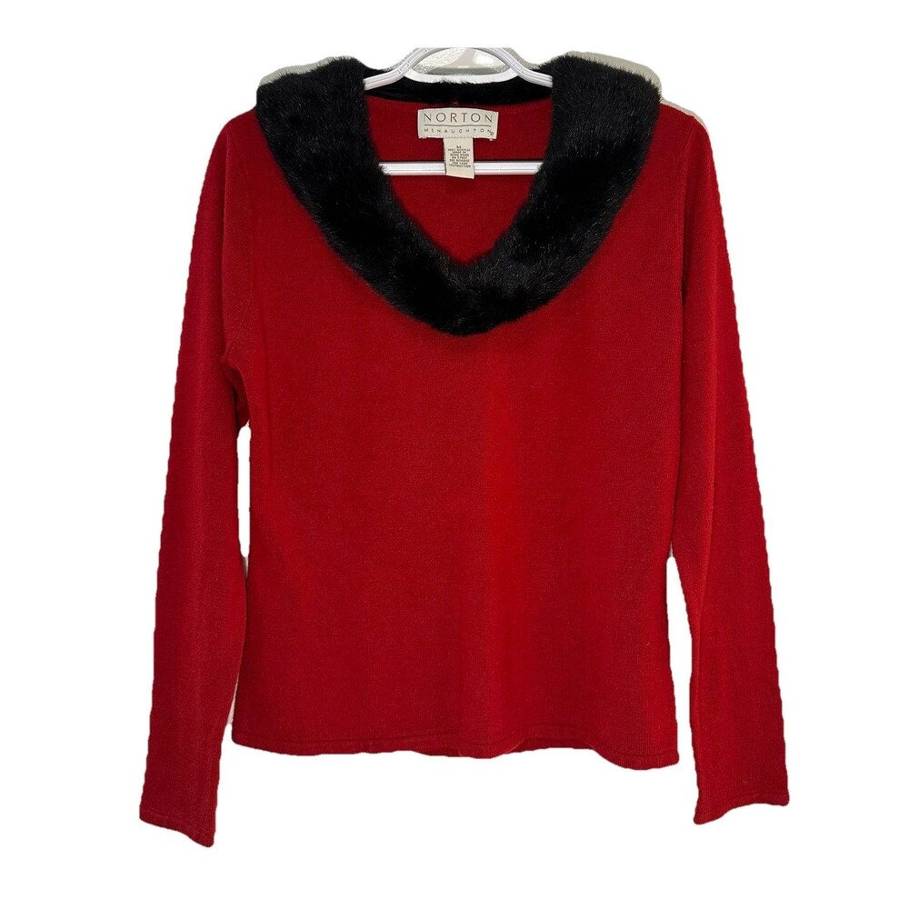 Norton McNaughton Red Sweater Faux Fur Collar Medium Holiday 90s